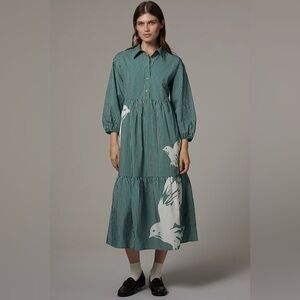 Anthropologie Maeve Bettina Shirt Dress Green Stripe Birds (Size XS) - NWT